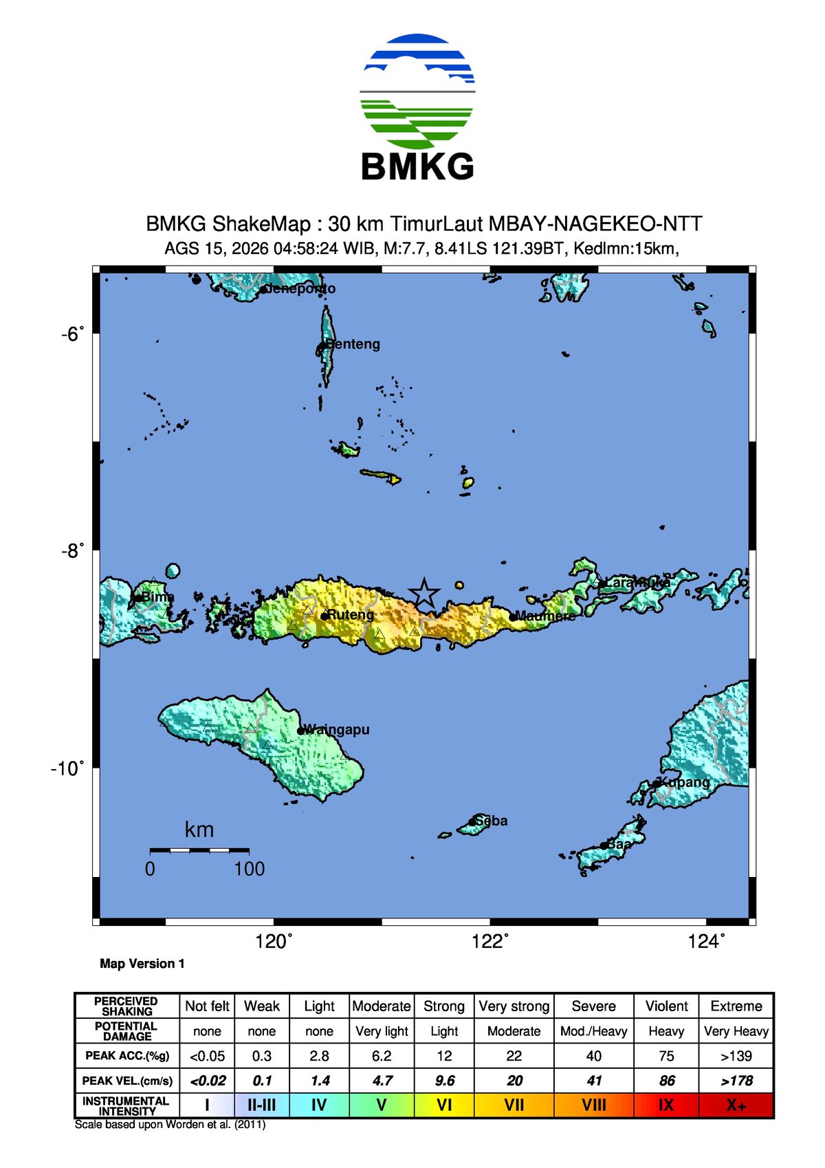 Peta guncangan gempa bumi Flores M7,7 dari BMKG